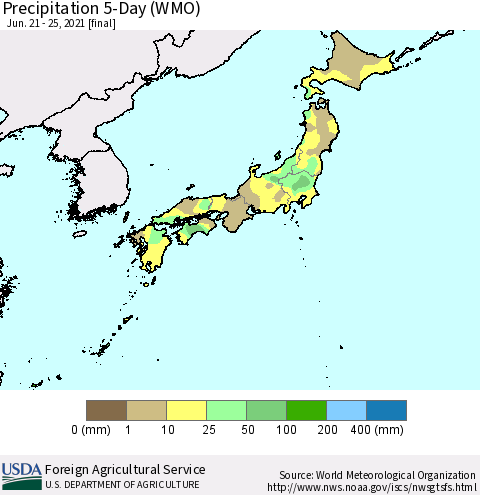 Japan Precipitation 5-Day (WMO) Thematic Map For 6/21/2021 - 6/25/2021