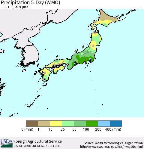 Japan Precipitation 5-Day (WMO) Thematic Map For 7/1/2021 - 7/5/2021