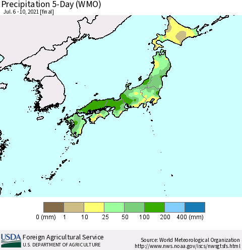 Japan Precipitation 5-Day (WMO) Thematic Map For 7/6/2021 - 7/10/2021