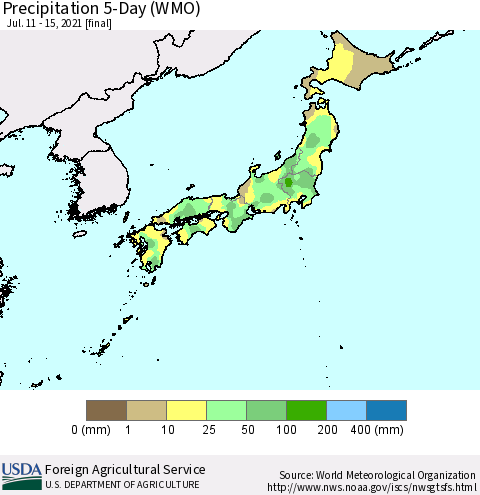 Japan Precipitation 5-Day (WMO) Thematic Map For 7/11/2021 - 7/15/2021