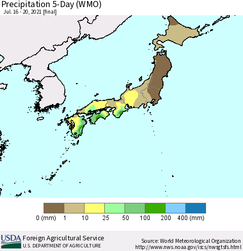 Japan Precipitation 5-Day (WMO) Thematic Map For 7/16/2021 - 7/20/2021
