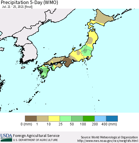 Japan Precipitation 5-Day (WMO) Thematic Map For 7/21/2021 - 7/25/2021