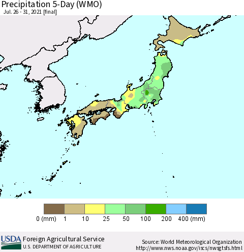 Japan Precipitation 5-Day (WMO) Thematic Map For 7/26/2021 - 7/31/2021