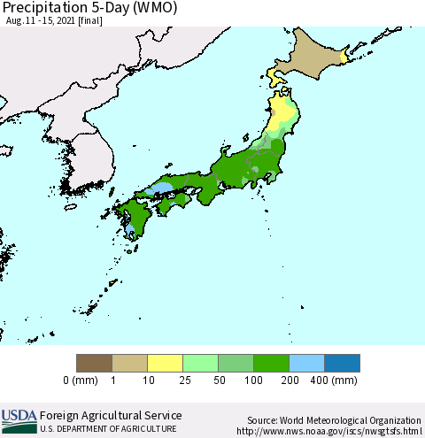 Japan Precipitation 5-Day (WMO) Thematic Map For 8/11/2021 - 8/15/2021