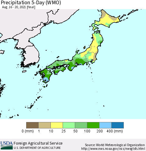 Japan Precipitation 5-Day (WMO) Thematic Map For 8/16/2021 - 8/20/2021