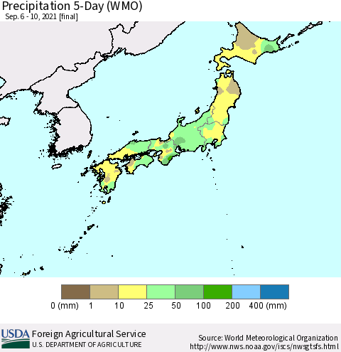 Japan Precipitation 5-Day (WMO) Thematic Map For 9/6/2021 - 9/10/2021