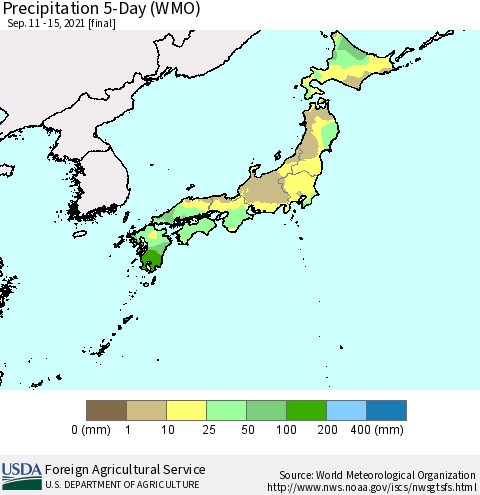 Japan Precipitation 5-Day (WMO) Thematic Map For 9/11/2021 - 9/15/2021
