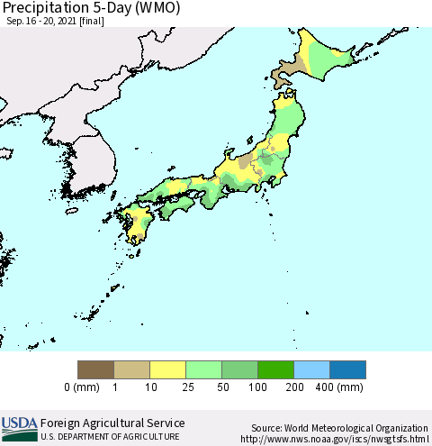 Japan Precipitation 5-Day (WMO) Thematic Map For 9/16/2021 - 9/20/2021