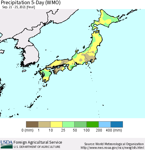 Japan Precipitation 5-Day (WMO) Thematic Map For 9/21/2021 - 9/25/2021