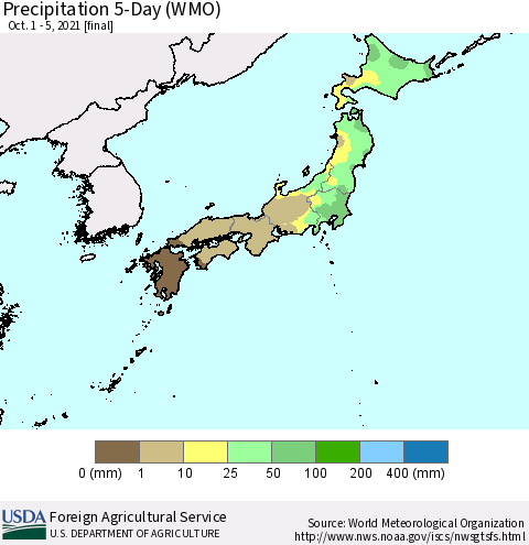 Japan Precipitation 5-Day (WMO) Thematic Map For 10/1/2021 - 10/5/2021