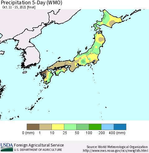 Japan Precipitation 5-Day (WMO) Thematic Map For 10/11/2021 - 10/15/2021
