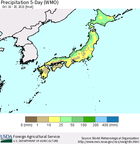 Japan Precipitation 5-Day (WMO) Thematic Map For 10/16/2021 - 10/20/2021