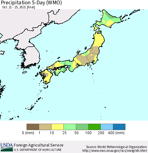 Japan Precipitation 5-Day (WMO) Thematic Map For 10/21/2021 - 10/25/2021