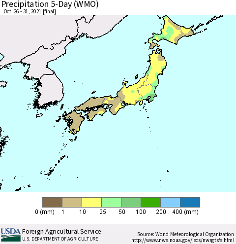 Japan Precipitation 5-Day (WMO) Thematic Map For 10/26/2021 - 10/31/2021