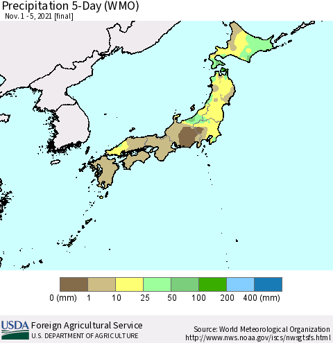 Japan Precipitation 5-Day (WMO) Thematic Map For 11/1/2021 - 11/5/2021