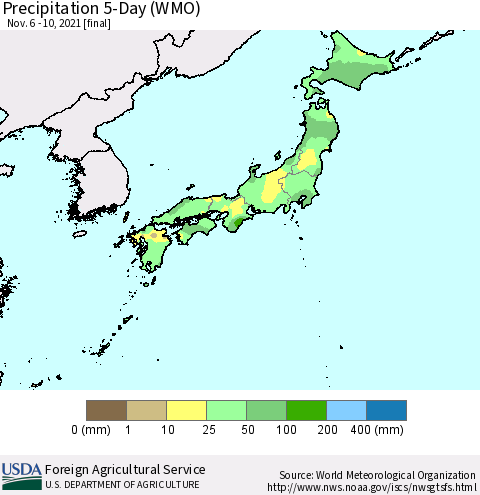 Japan Precipitation 5-Day (WMO) Thematic Map For 11/6/2021 - 11/10/2021