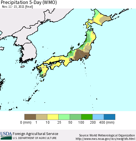Japan Precipitation 5-Day (WMO) Thematic Map For 11/11/2021 - 11/15/2021