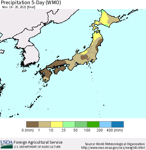 Japan Precipitation 5-Day (WMO) Thematic Map For 11/16/2021 - 11/20/2021