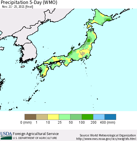 Japan Precipitation 5-Day (WMO) Thematic Map For 11/21/2021 - 11/25/2021