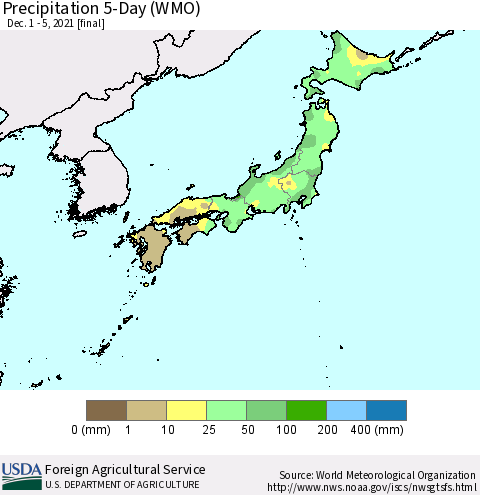 Japan Precipitation 5-Day (WMO) Thematic Map For 12/1/2021 - 12/5/2021