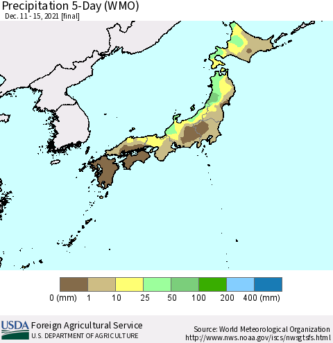 Japan Precipitation 5-Day (WMO) Thematic Map For 12/11/2021 - 12/15/2021