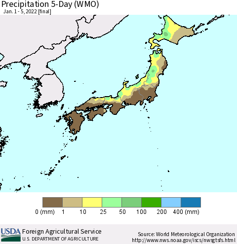 Japan Precipitation 5-Day (WMO) Thematic Map For 1/1/2022 - 1/5/2022