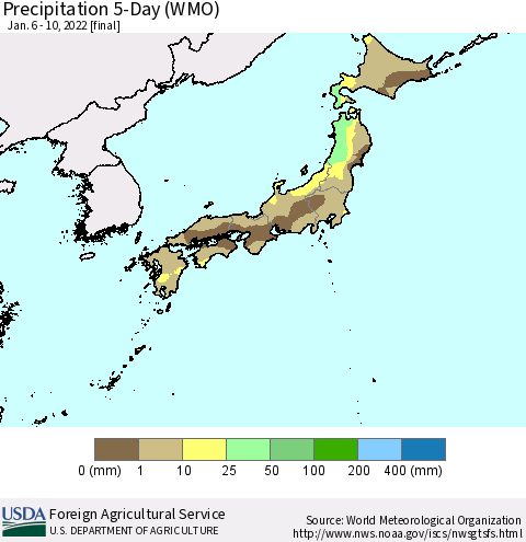 Japan Precipitation 5-Day (WMO) Thematic Map For 1/6/2022 - 1/10/2022