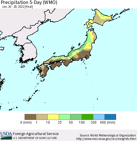 Japan Precipitation 5-Day (WMO) Thematic Map For 1/16/2022 - 1/20/2022