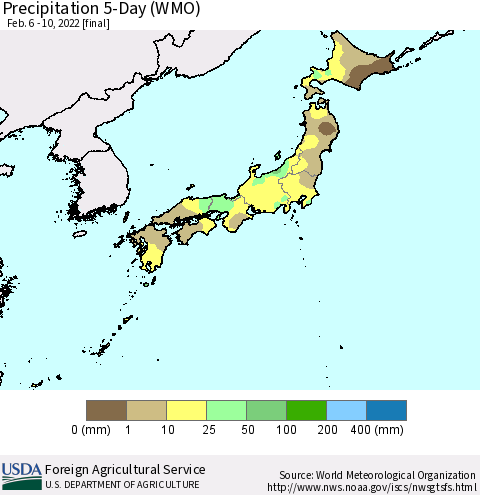 Japan Precipitation 5-Day (WMO) Thematic Map For 2/6/2022 - 2/10/2022