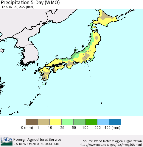 Japan Precipitation 5-Day (WMO) Thematic Map For 2/16/2022 - 2/20/2022