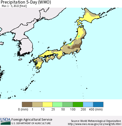 Japan Precipitation 5-Day (WMO) Thematic Map For 3/1/2022 - 3/5/2022