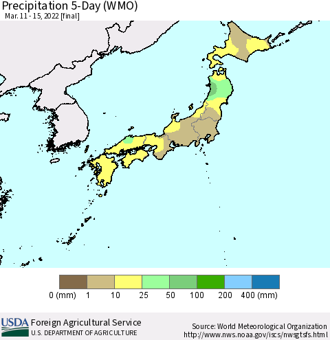Japan Precipitation 5-Day (WMO) Thematic Map For 3/11/2022 - 3/15/2022