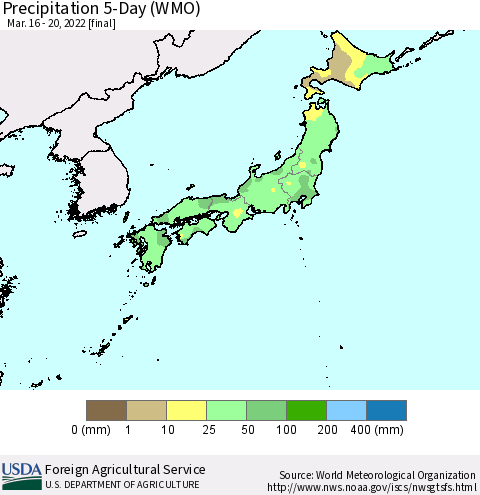 Japan Precipitation 5-Day (WMO) Thematic Map For 3/16/2022 - 3/20/2022