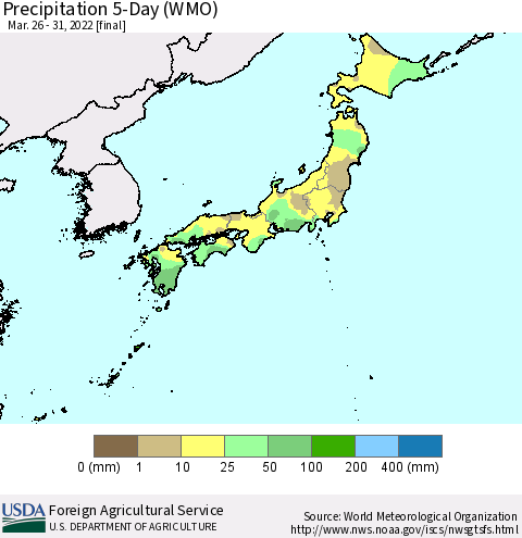 Japan Precipitation 5-Day (WMO) Thematic Map For 3/26/2022 - 3/31/2022