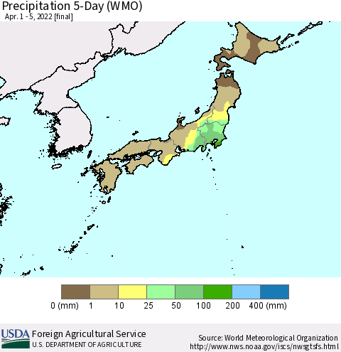 Japan Precipitation 5-Day (WMO) Thematic Map For 4/1/2022 - 4/5/2022