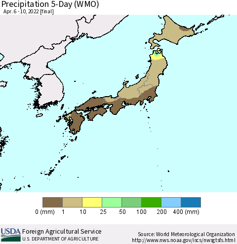 Japan Precipitation 5-Day (WMO) Thematic Map For 4/6/2022 - 4/10/2022