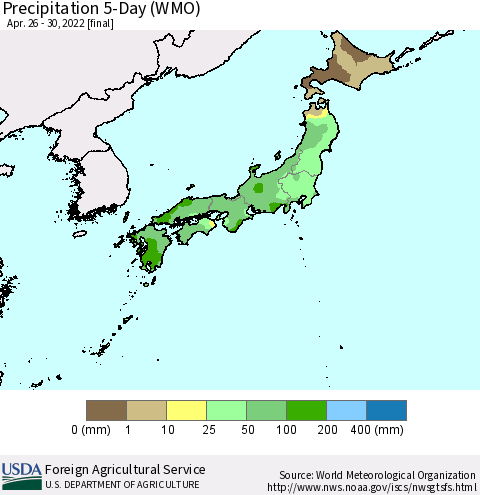 Japan Precipitation 5-Day (WMO) Thematic Map For 4/26/2022 - 4/30/2022