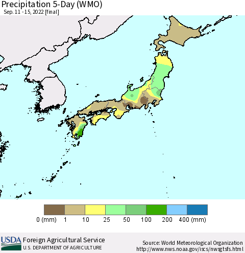 Japan Precipitation 5-Day (WMO) Thematic Map For 9/11/2022 - 9/15/2022