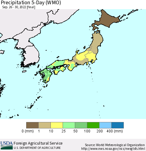 Japan Precipitation 5-Day (WMO) Thematic Map For 9/26/2022 - 9/30/2022