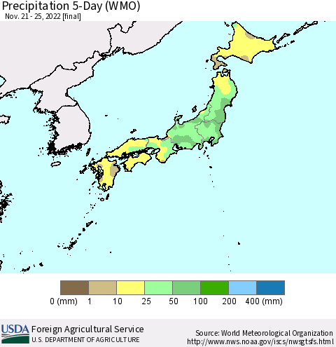 Japan Precipitation 5-Day (WMO) Thematic Map For 11/21/2022 - 11/25/2022
