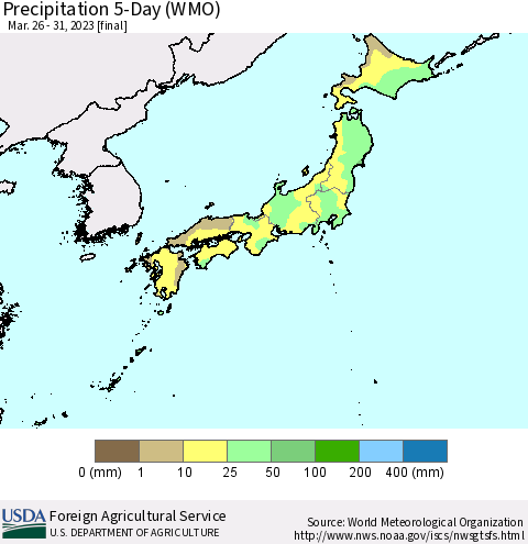 Japan Precipitation 5-Day (WMO) Thematic Map For 3/26/2023 - 3/31/2023