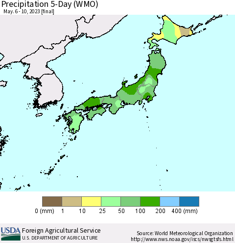Japan Precipitation 5-Day (WMO) Thematic Map For 5/6/2023 - 5/10/2023