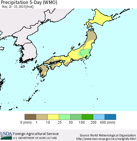 Japan Precipitation 5-Day (WMO) Thematic Map For 5/21/2023 - 5/25/2023