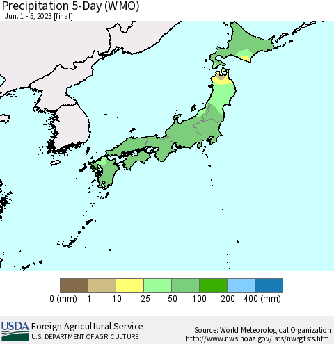 Japan Precipitation 5-Day (WMO) Thematic Map For 6/1/2023 - 6/5/2023