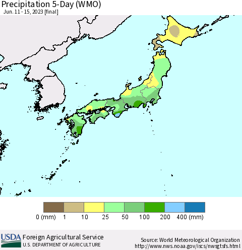 Japan Precipitation 5-Day (WMO) Thematic Map For 6/11/2023 - 6/15/2023