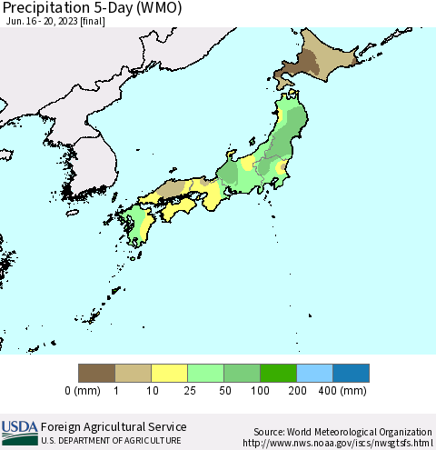 Japan Precipitation 5-Day (WMO) Thematic Map For 6/16/2023 - 6/20/2023