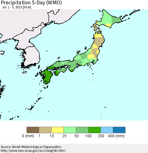 Japan Precipitation 5-Day (WMO) Thematic Map For 7/1/2023 - 7/5/2023