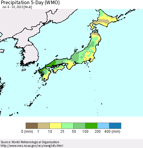 Japan Precipitation 5-Day (WMO) Thematic Map For 7/6/2023 - 7/10/2023