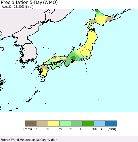Japan Precipitation 5-Day (WMO) Thematic Map For 8/21/2023 - 8/25/2023