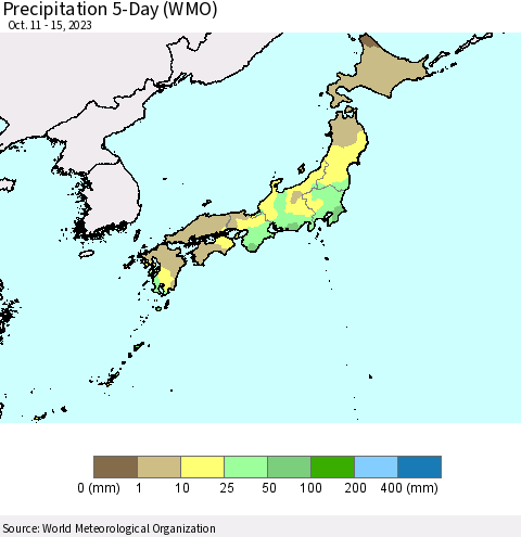Japan Precipitation 5-Day (WMO) Thematic Map For 10/11/2023 - 10/15/2023